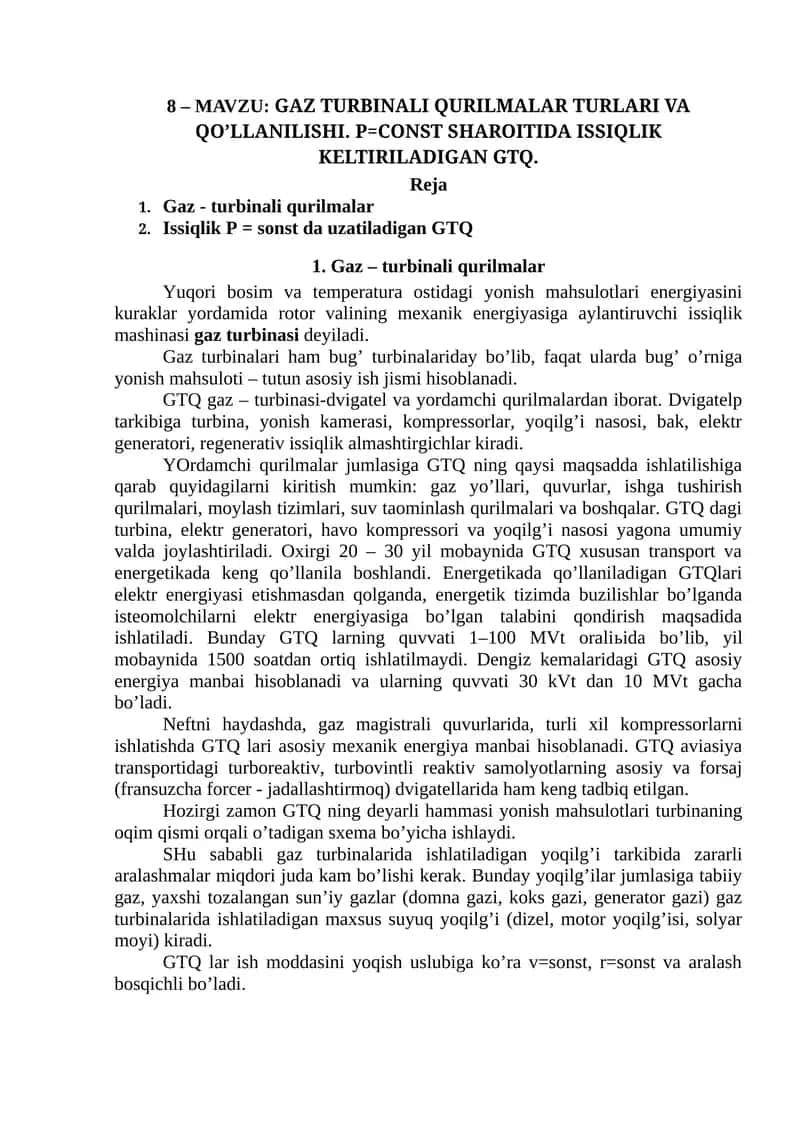 Gaz turbinali qurilmalar turlari va qo’llanilishi