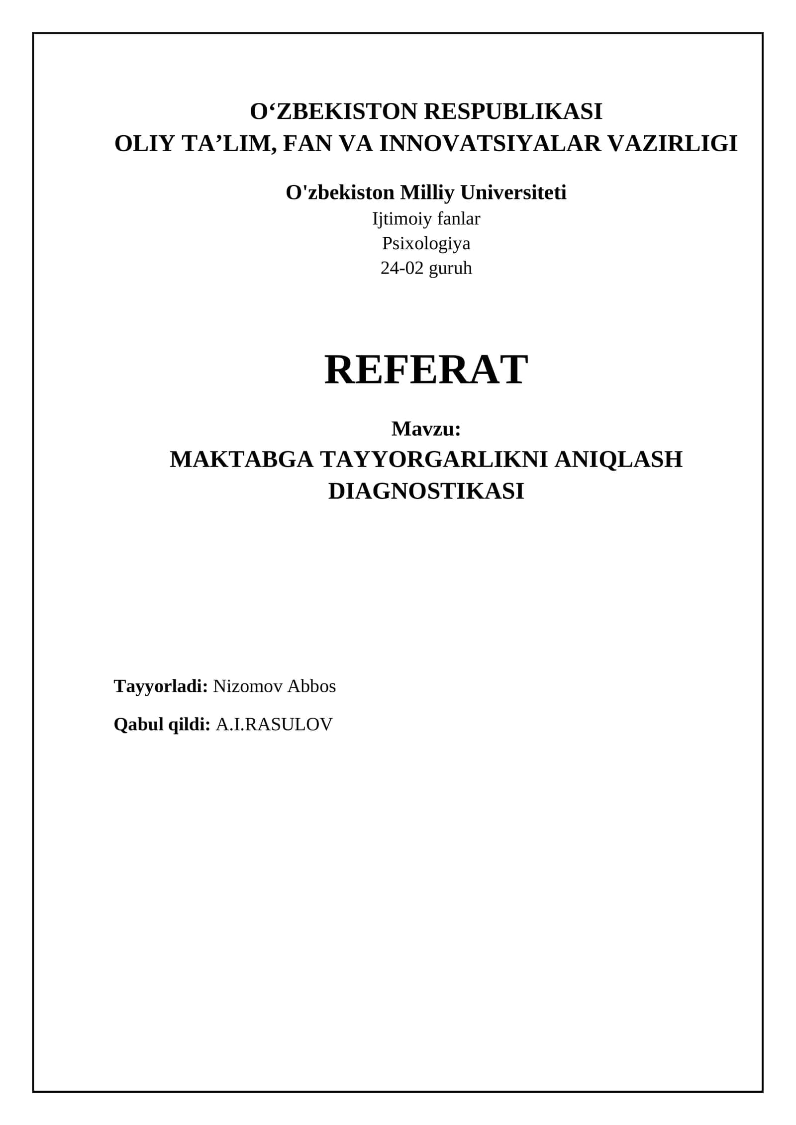 MAKTABGA TAYYORGARLIKNI ANIQLASH DIAGNOSTIKASI