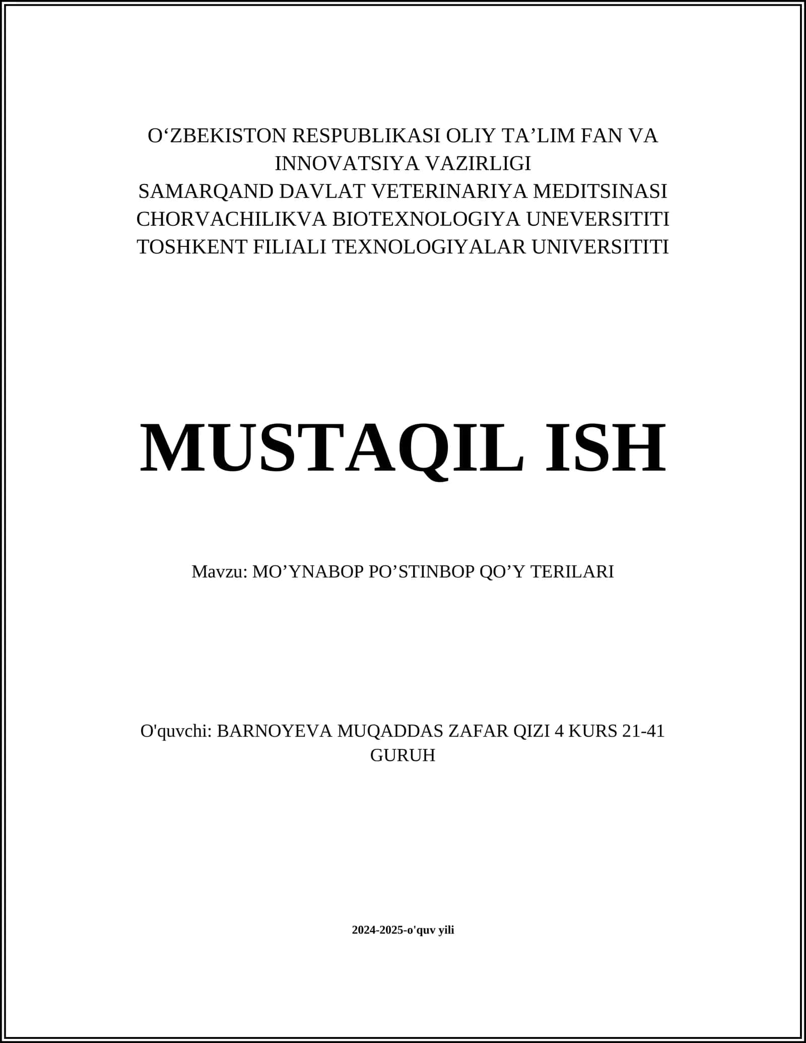 MO’YNABOP PO’STINBOP QO’Y TERILARI