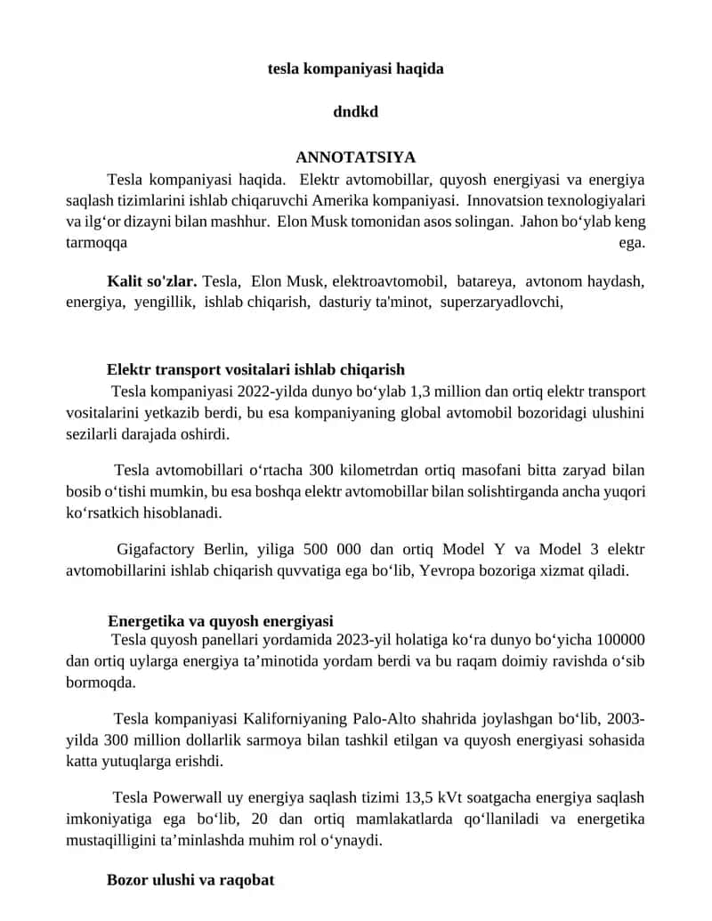 Tesla kompaniyasi haqida