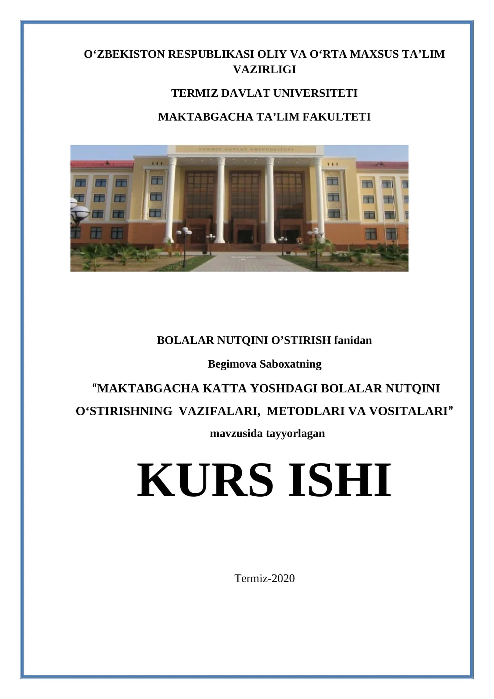 MAKTABGACHA KATTA YOSHDAGI BOLALAR NUTQINI О‘STIRISHNING VAZIFALARI, METODLARI VA VOSITALARI