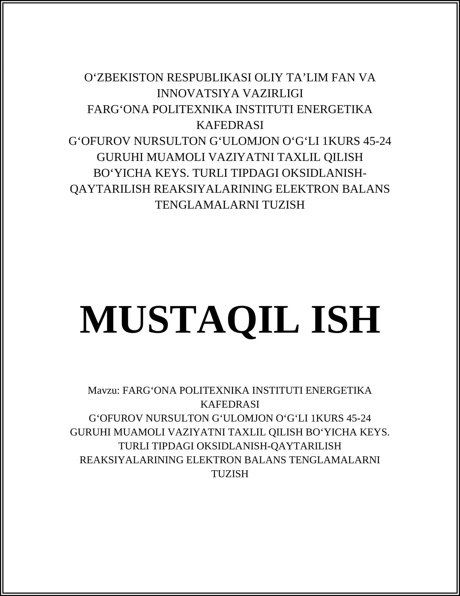 Oksidlanish-qaytarilish reaksiyalarining elektron balans tenglamalarni tuzish