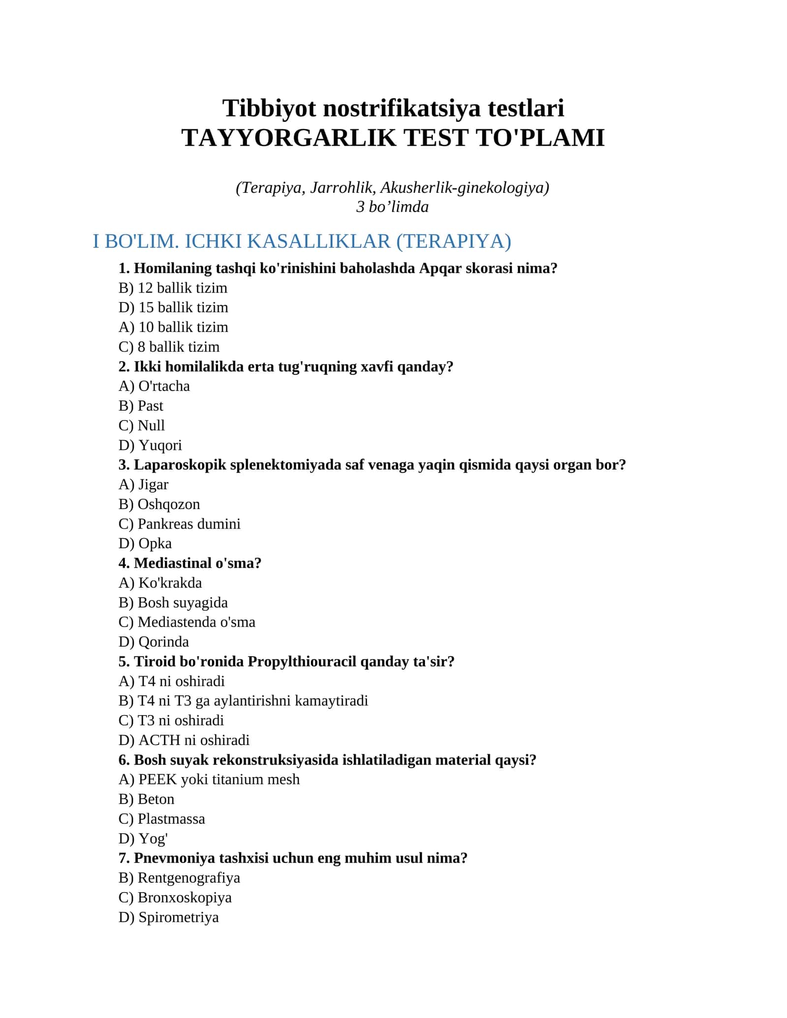 Tibbiyot nostrifikatsiya testlari