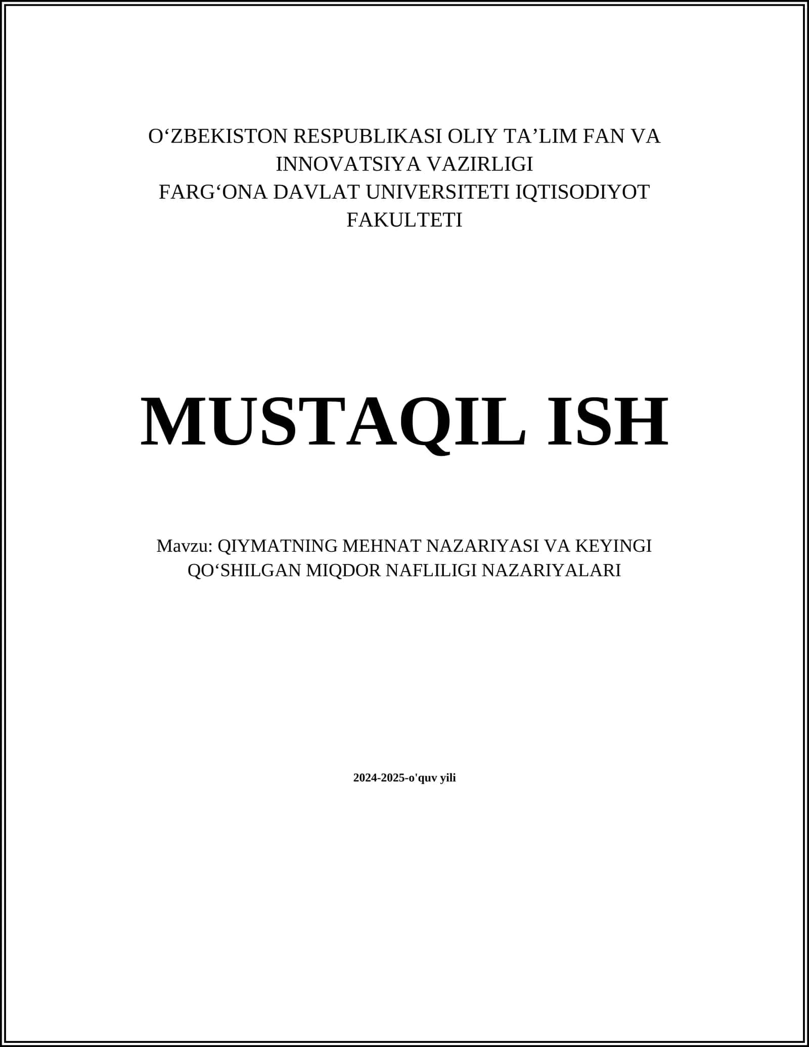 Qiymatning Mehnat Nazariyasining Asosiy Tamoyillari