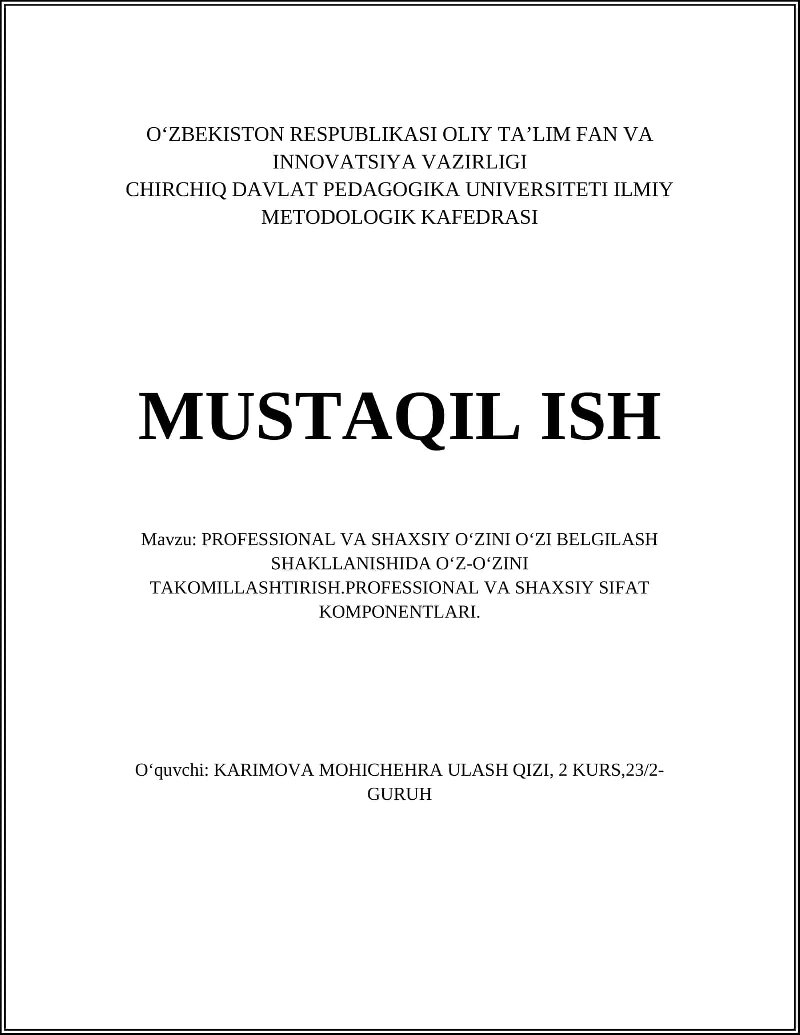 KASBIY O'ZINI O'ZI BELGILASH KONSEPTSIYASI