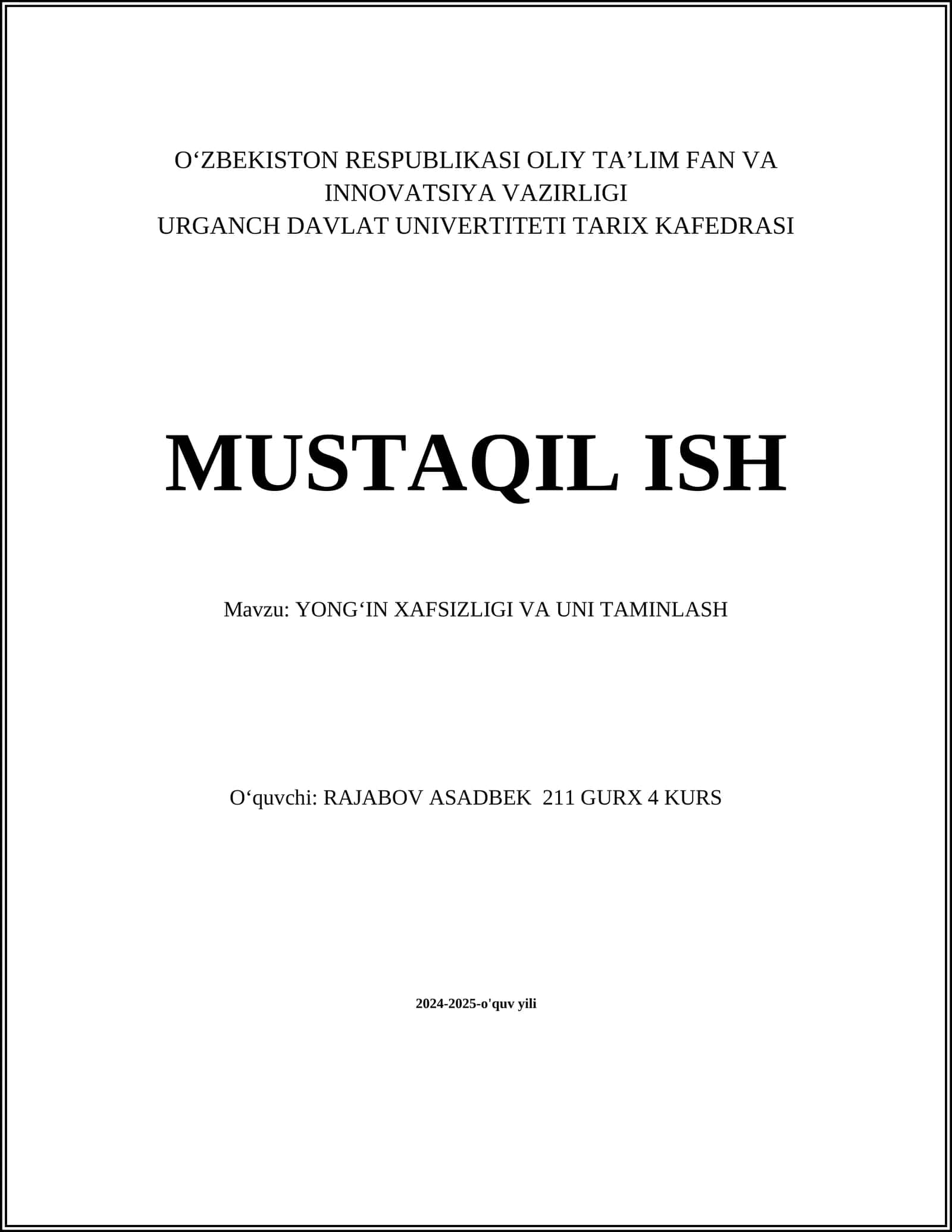 YONG‘IN XAFSIZLIGI VA UNI TAMINLASH