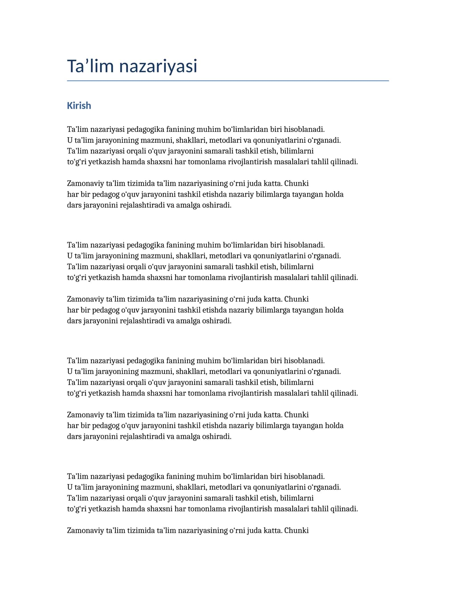 Ta’lim nazariyasi — Pedagogika kurs ishi