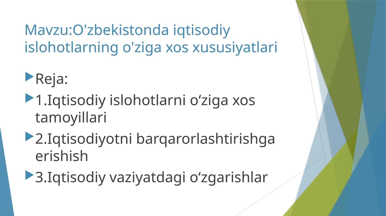 O'zbekistonda iqtisodiy islohotlarning o'ziga xos xususiyatlari
