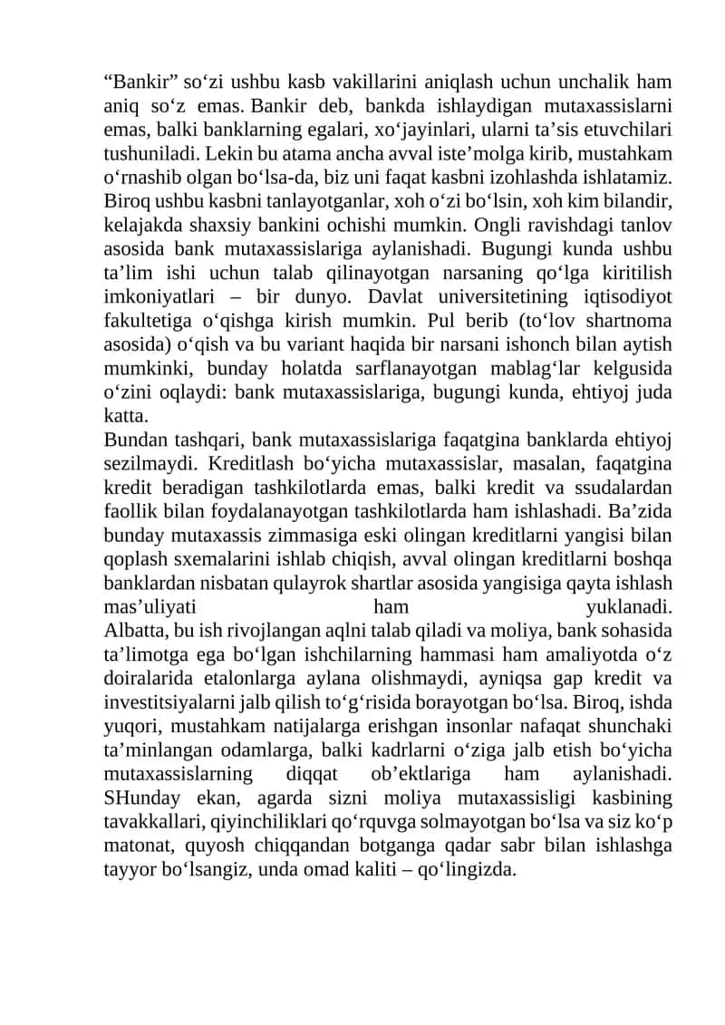 Bank mutaxassislarining kasbi