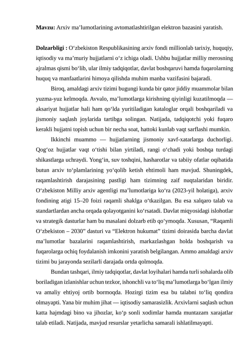 Arxiv ma’lumotlarining avtomatlashtirilgan elektron bazasi