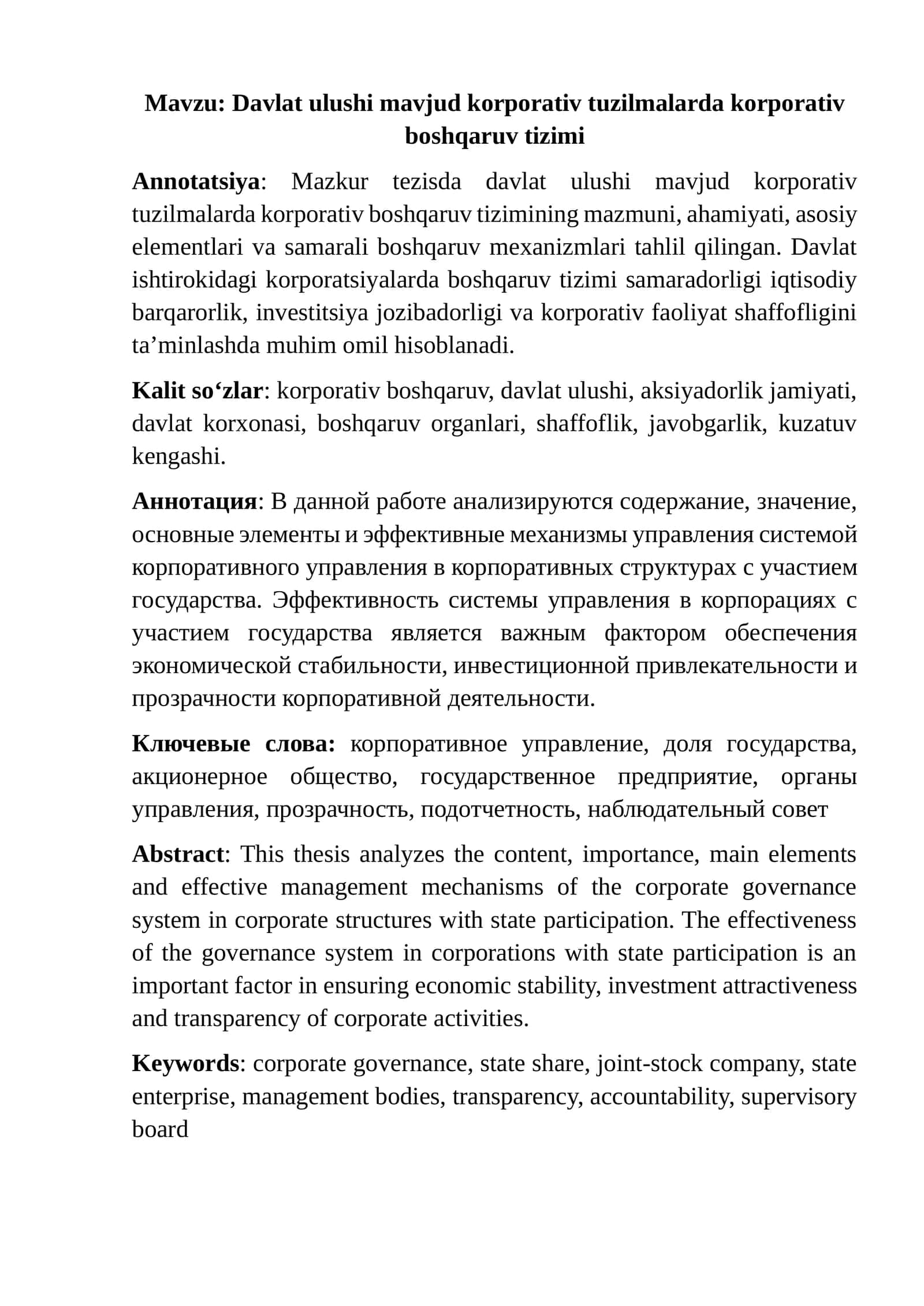 Davlat ulushi mavjud korporativ tuzilmalarda korporativ boshqaruv tizimi