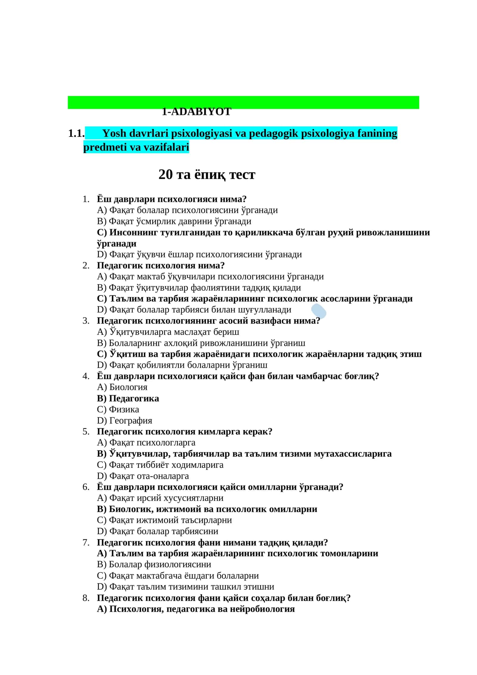 Yosh davrlari psixologiyasi va pedagogik psixologiya fanining predmeti va vazifalari