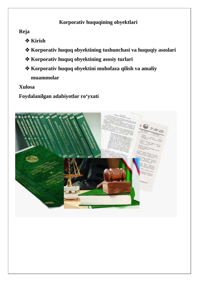 Korporativ huquqining obyektlari