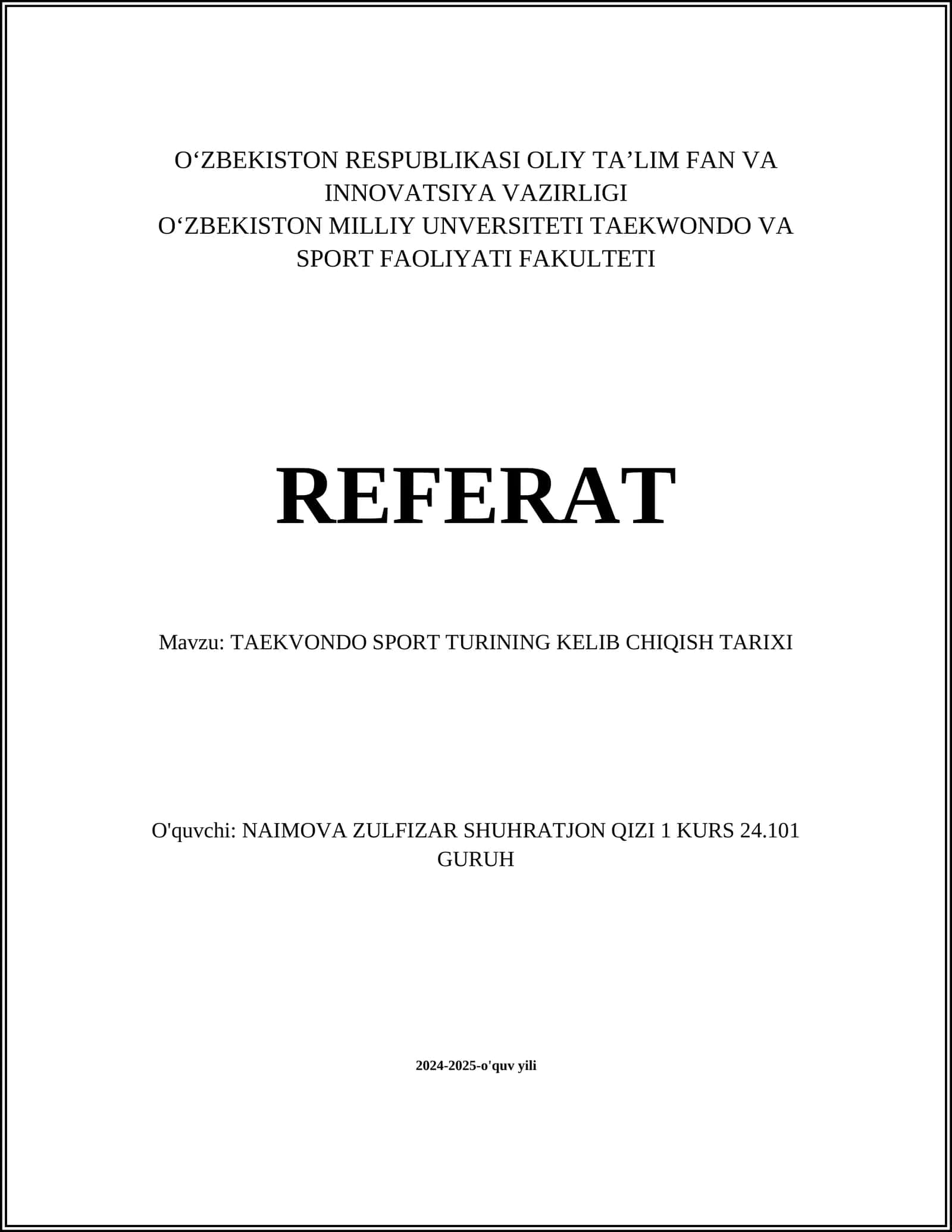 TAEKVONDO SPORT TURINING KELIB CHIQISH TARIXI