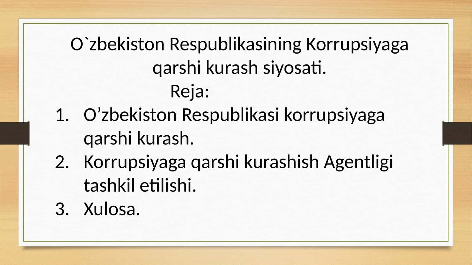 O`zbekiston Respublikasining Korrupsiyaga qarshi kurash siyosati