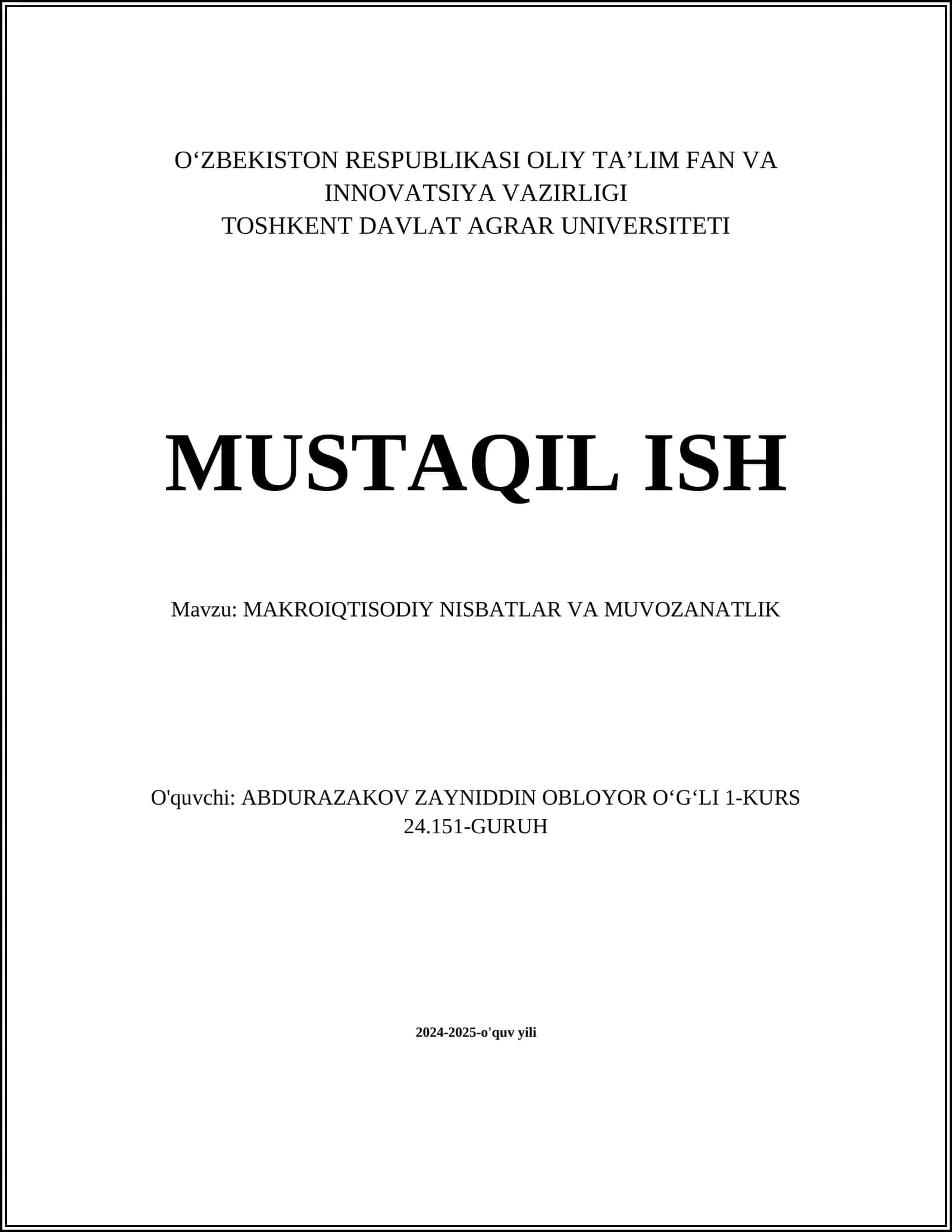 MAKROIQTISODIY NISBATLAR VA MUVOZANATLIK