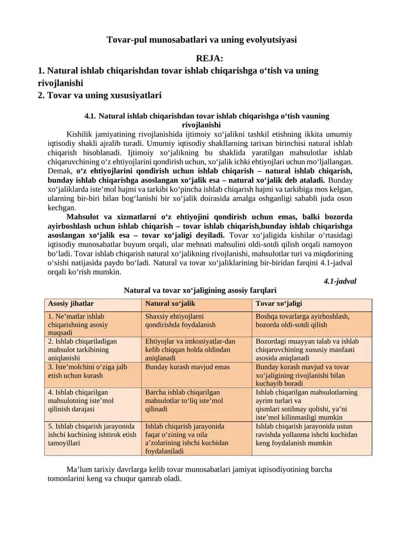 Tovar-pul munosabatlari va uning evolyutsiyasi