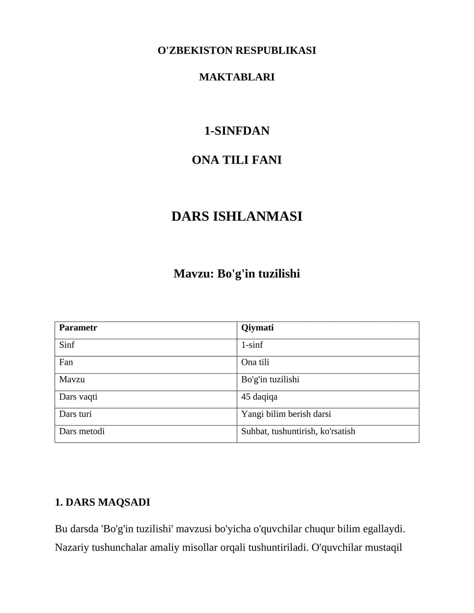 Bo'g'in tuzilishi Dars Ishlanmasi