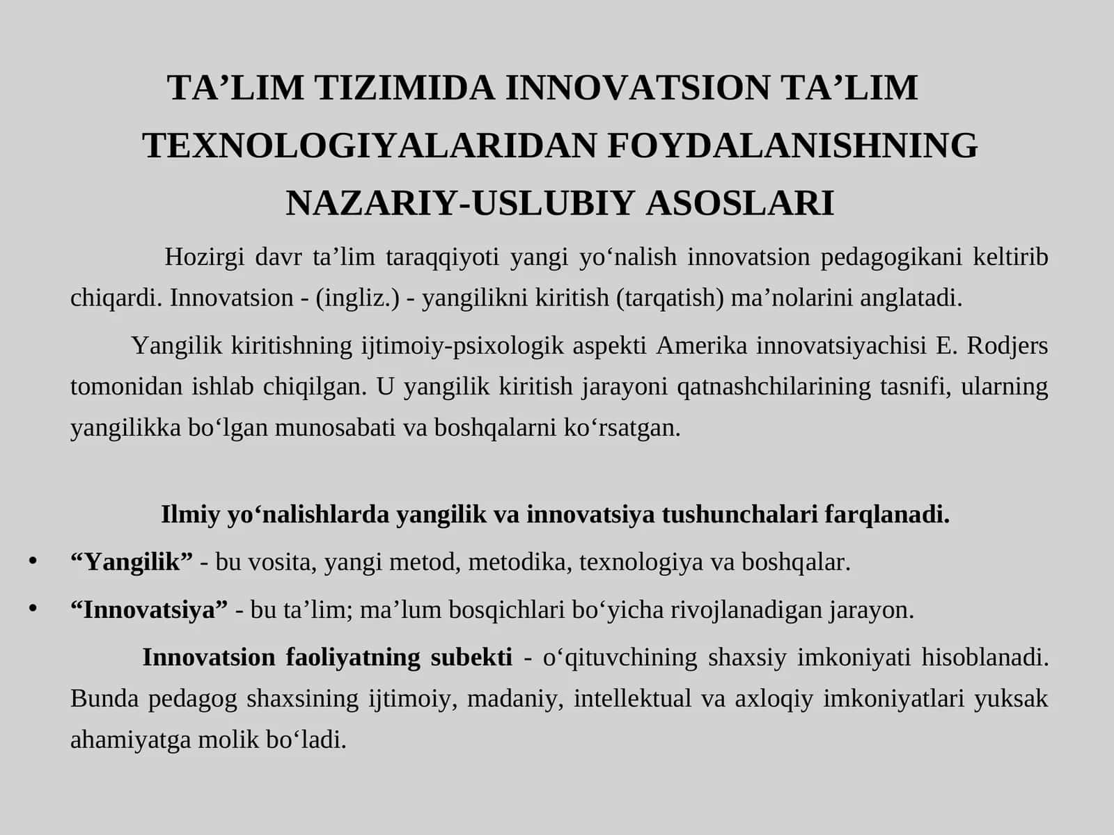 TA’LIM TIZIMIDA INNOVATSION TA’LIM TEXNOLOGIYALARIDAN FOYDALANISHNING NAZARIY-USLUBIY ASOSLARI