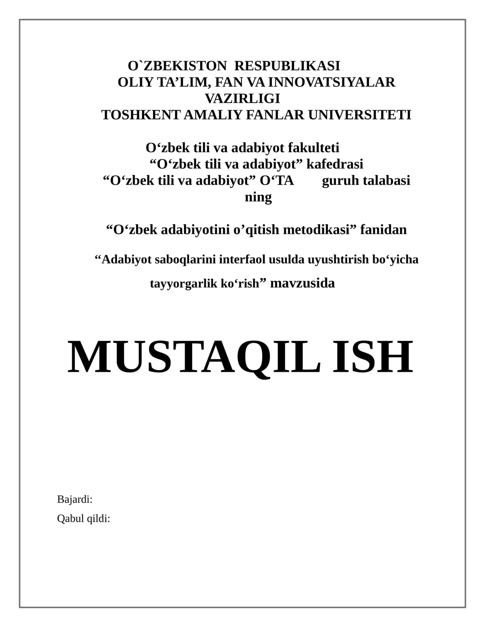 Adabiyot saboqlarini interfaol usulda uyushtirish bo‘yicha tayyorgarlik ko‘rish