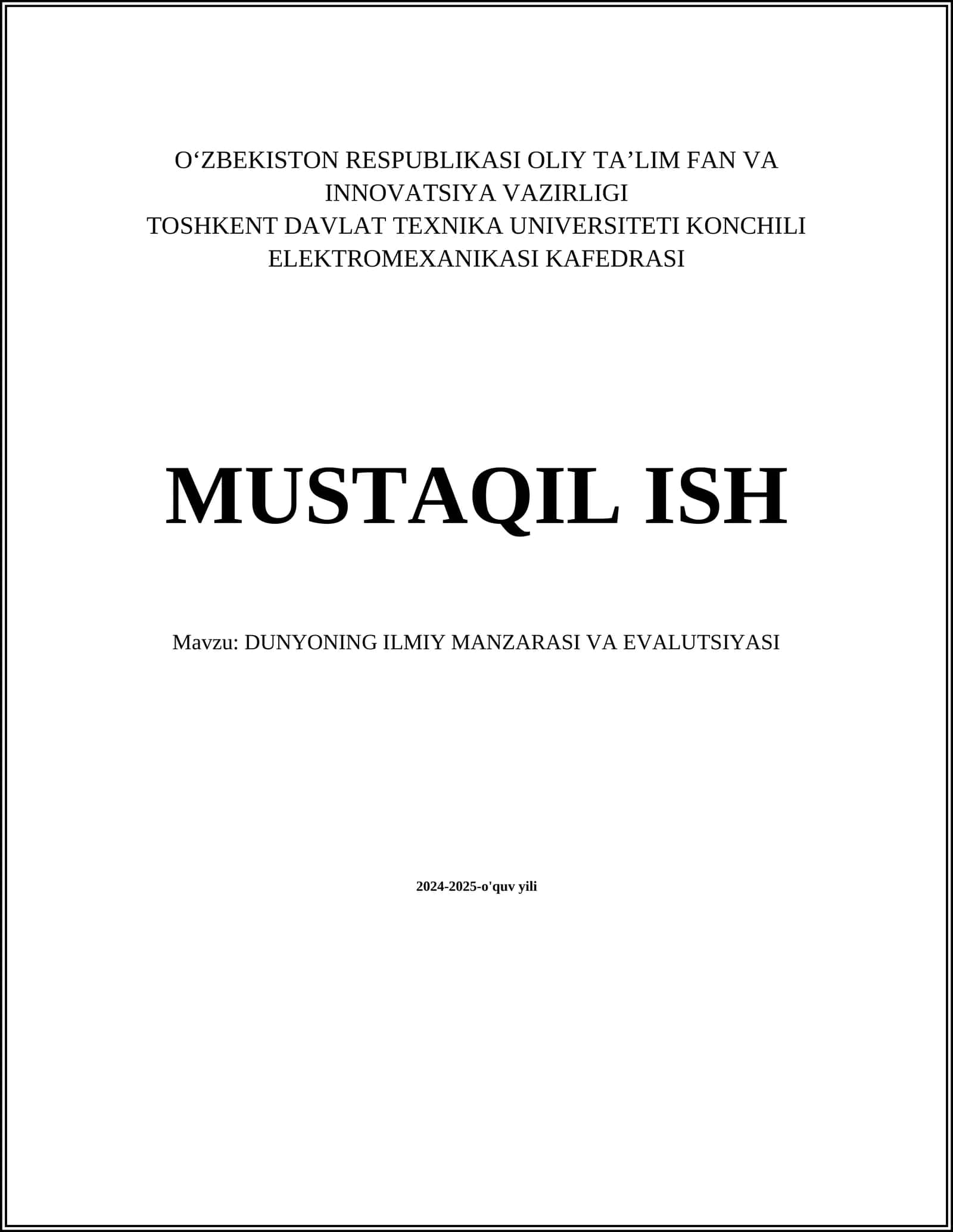 DUNYONING ILMIY MANZARASI VA EVALUTSIYASI