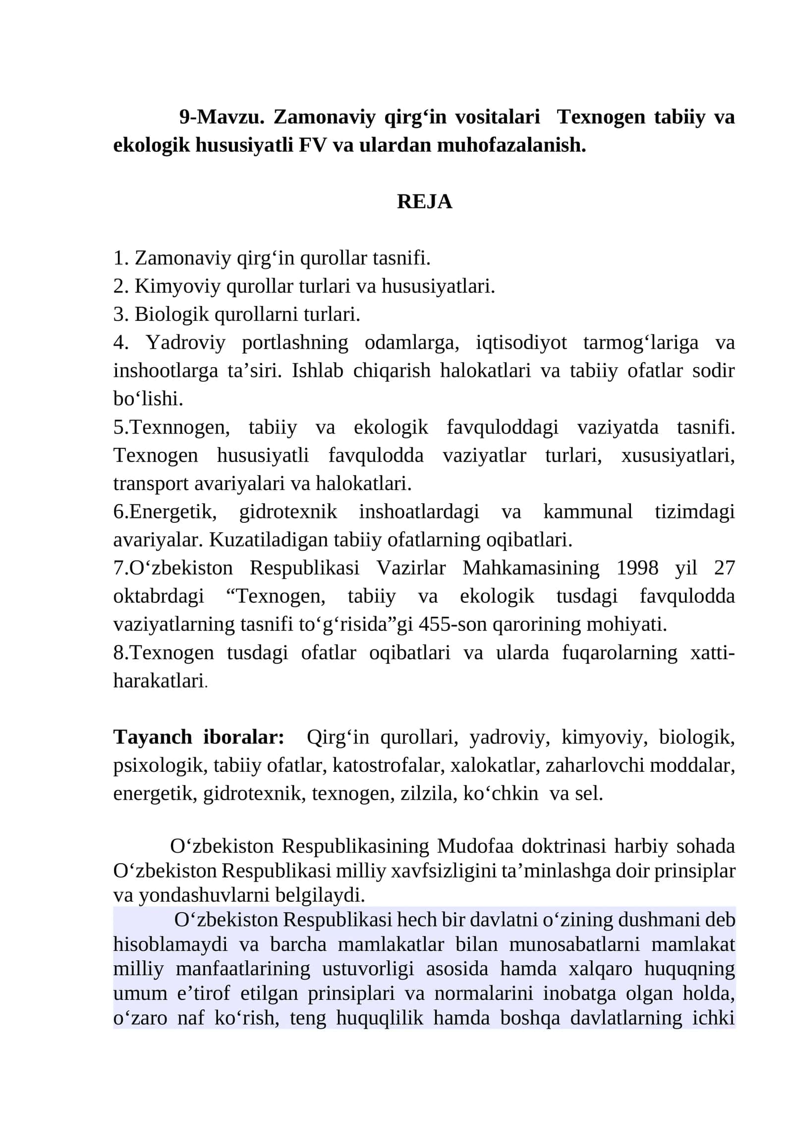 Zamonaviy qirg‘in vositalari Texnogen tabiiy va ekologik hususiyatli FV va ulardan muhofazalanish