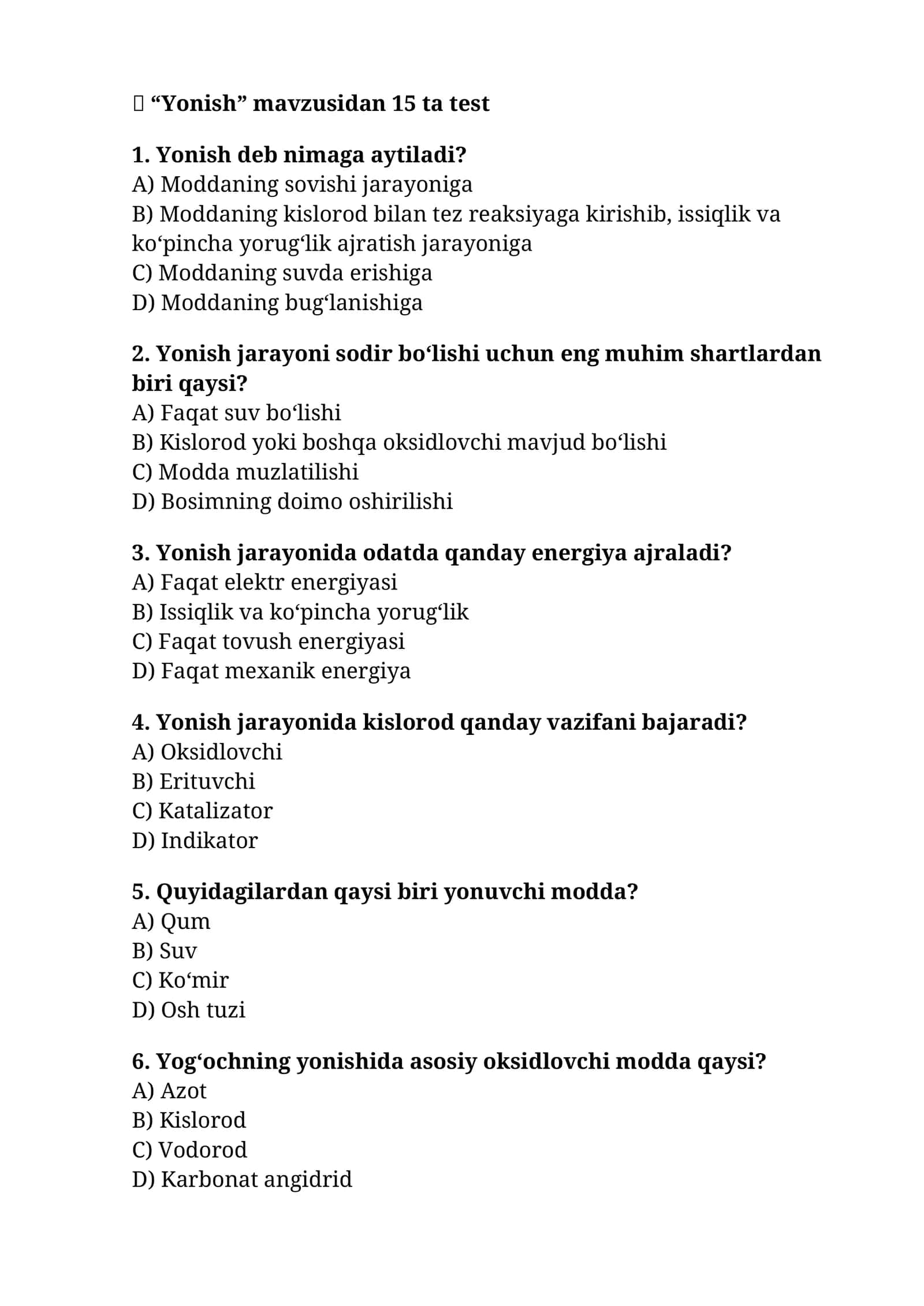 Yonish mavzusiga testlari