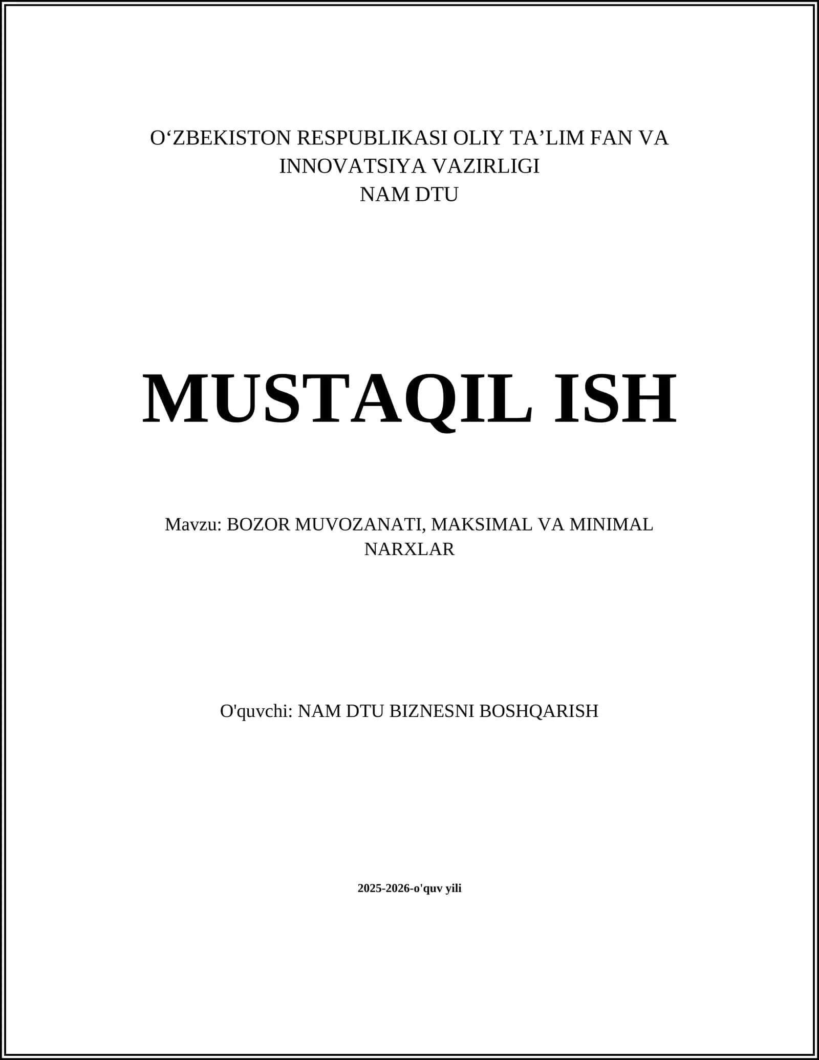 BOZOR MUVOZANATI, MAKSIMAL VA MINIMAL NARXLAR