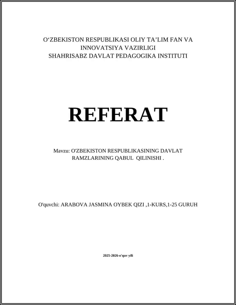 O'ZBEKISTON RESPUBLIKASINING DAVLAT RAMZLARINING QABUL QILINISHI