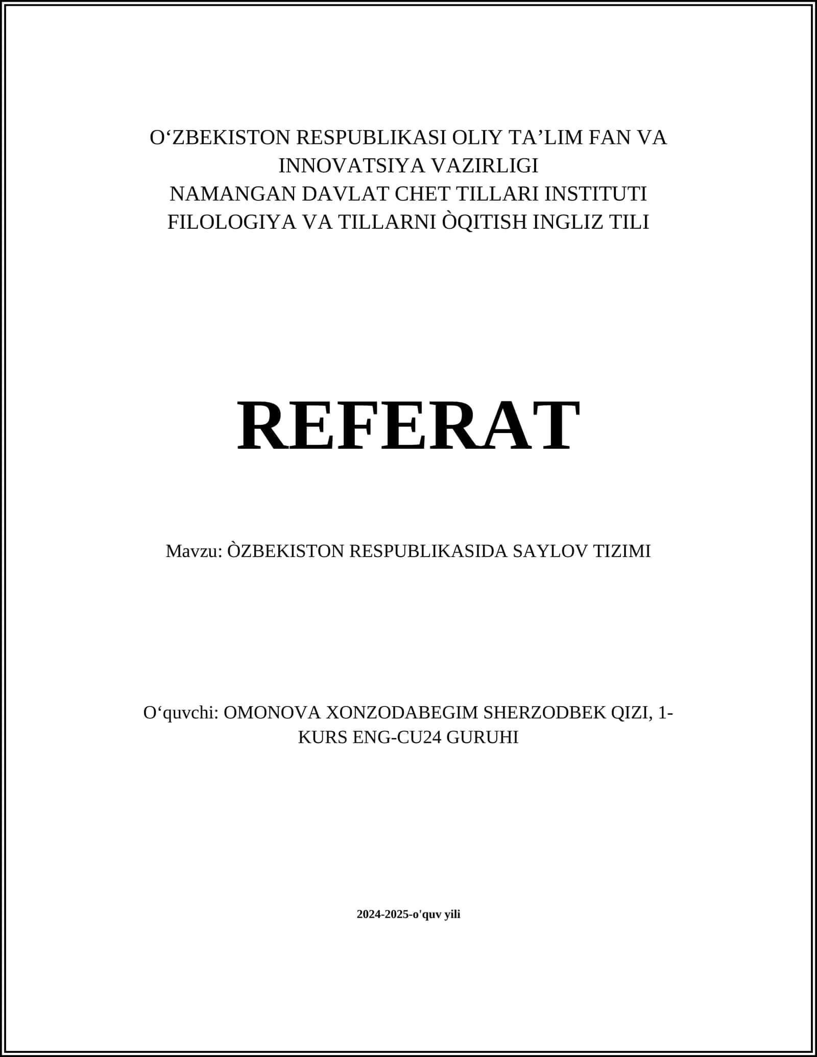 ÒZBEKISTON RESPUBLIKASIDA SAYLOV TIZIMI