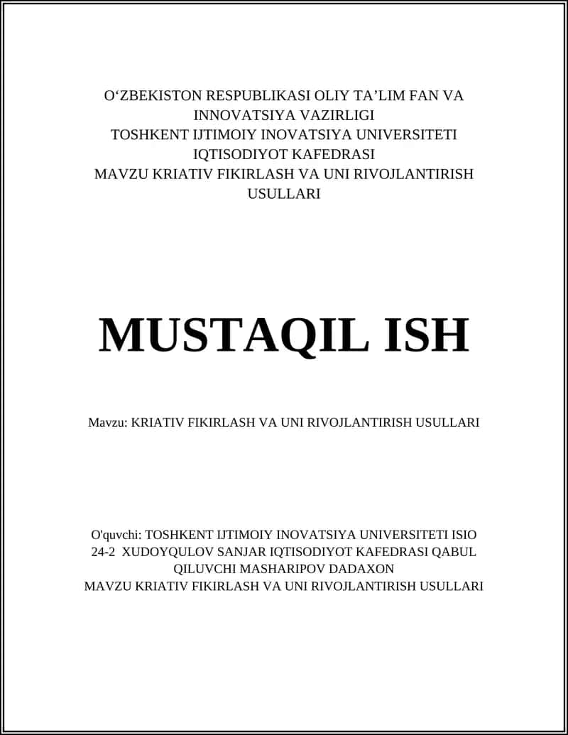 KRIATIV FIKIRLASH VA UNI RIVOJLANTIRISH USULLARI