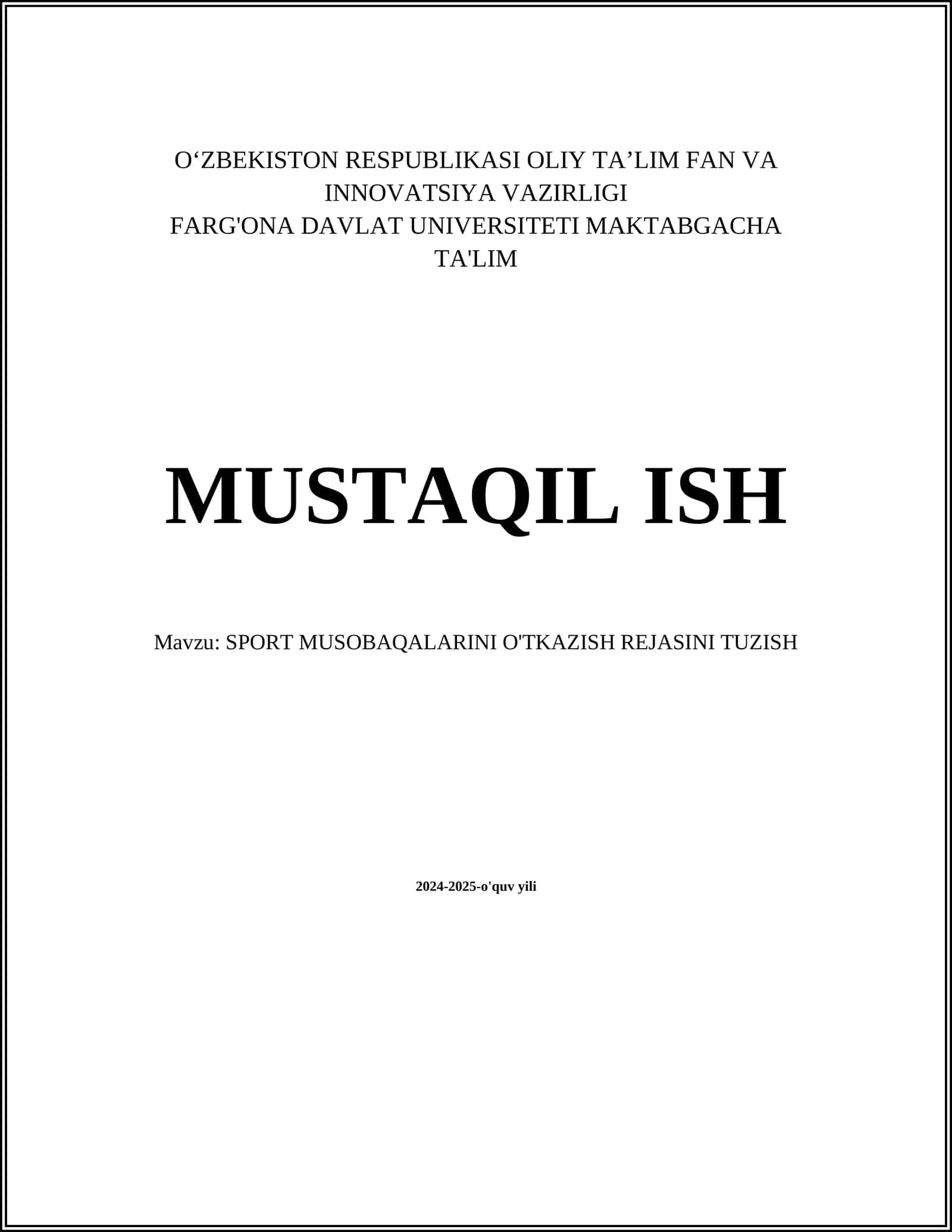 SPORT MUSOBAQALARINI O'TKAZISH REJASINI TUZISH