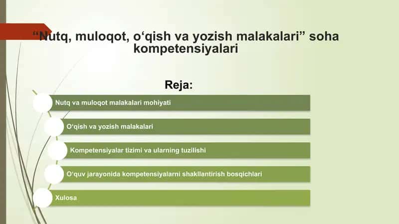 “Nutq, muloqot, o‘qish va yozish malakalari” soha kompetensiyalari taqdimot