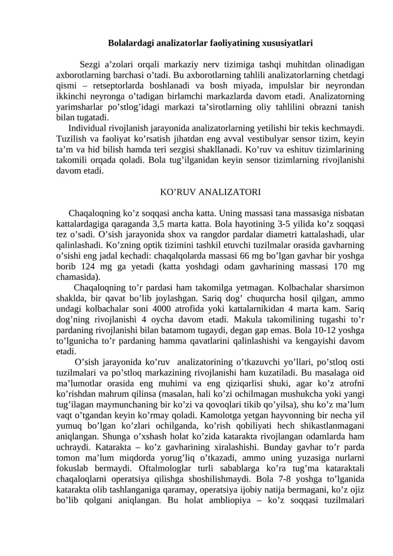Bolalardagi Analizatorlar Faoliyatining Xususiyatlari