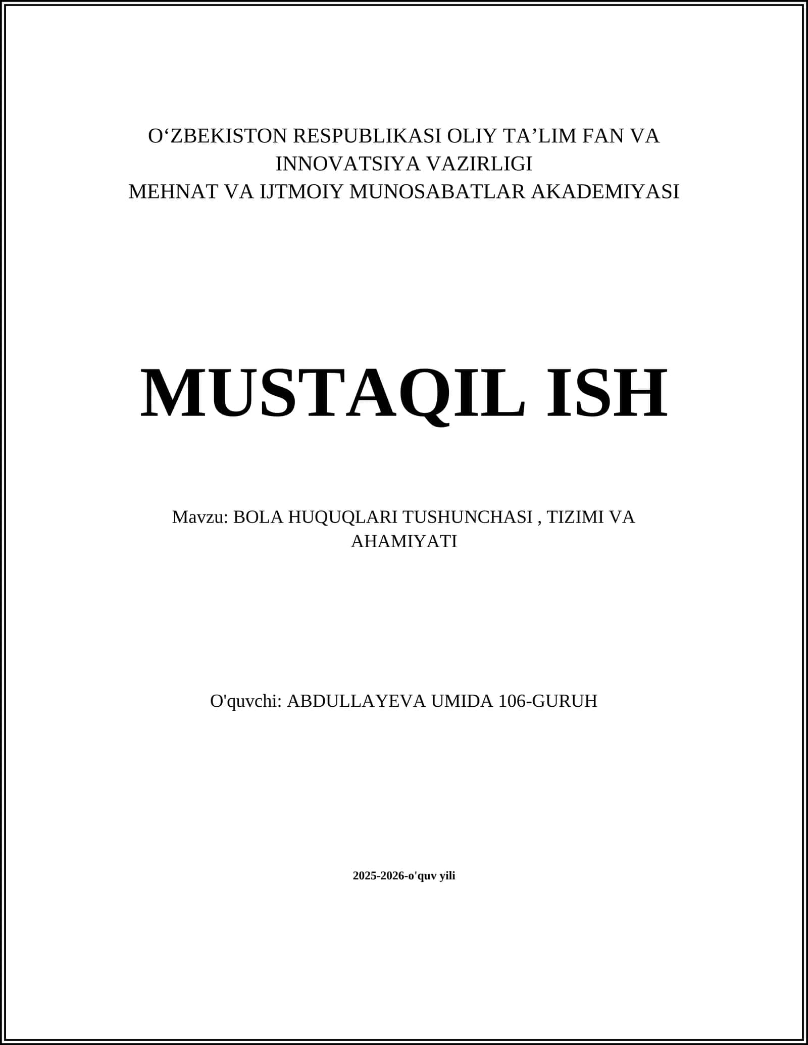 Bola huquqlari tushunchasi, tizimi va ahmiyati