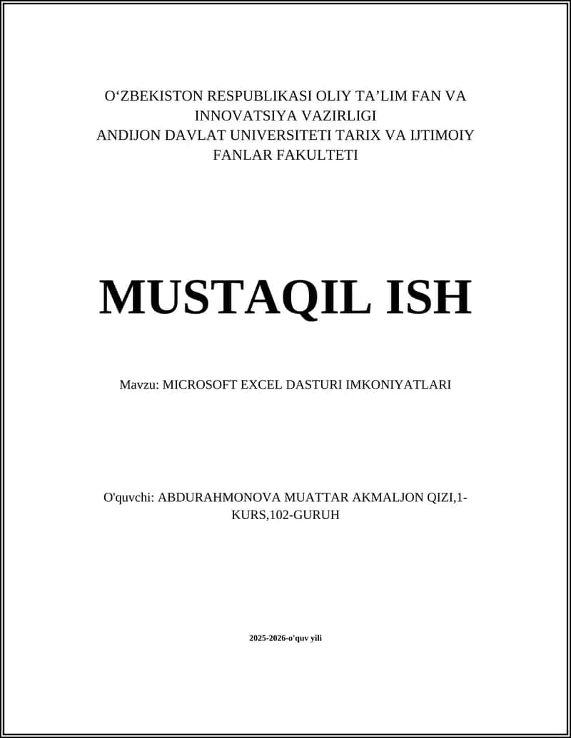 MICROSOFT EXCEL DASTURI IMKONIYATLARI