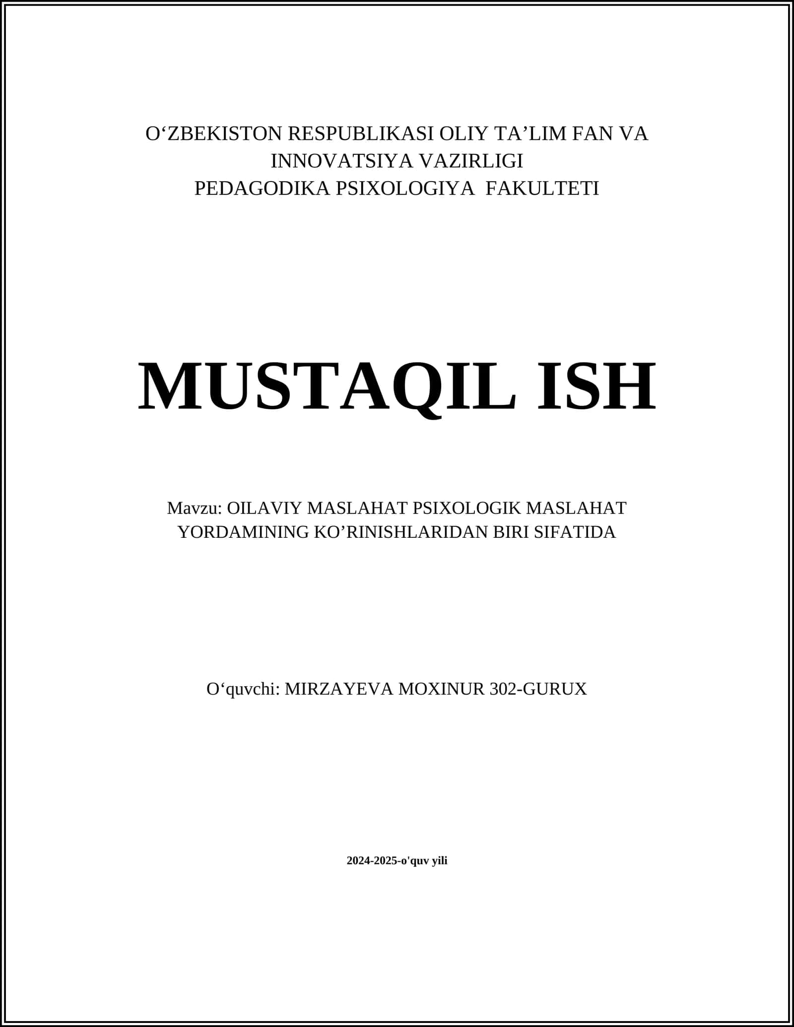 OILAVIY MASLAHAT PSIXOLOGIK MASLAHAT