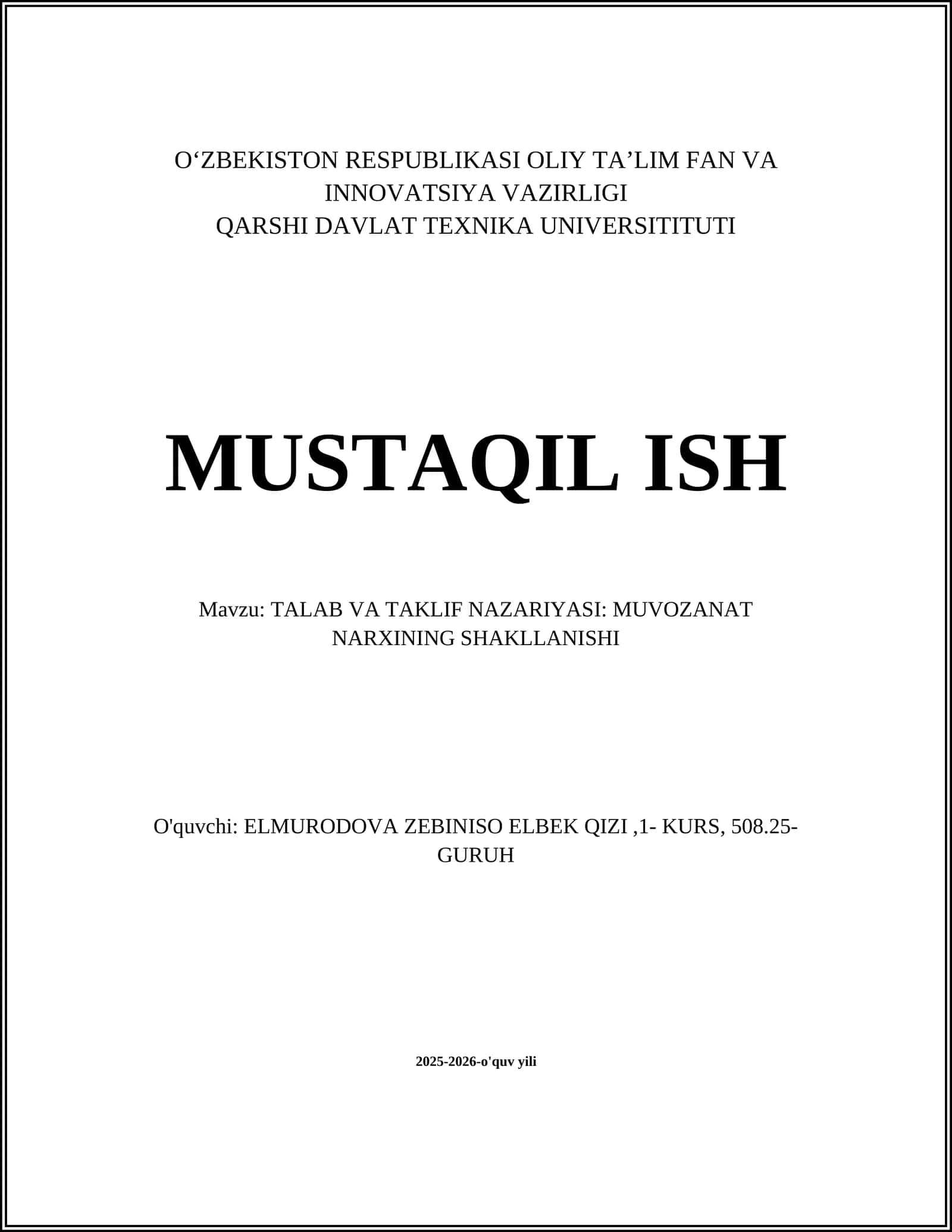 TALAB VA TAKLIF NAZARIYASI: MUVOZANAT NARXINING SHAKLLANISHI