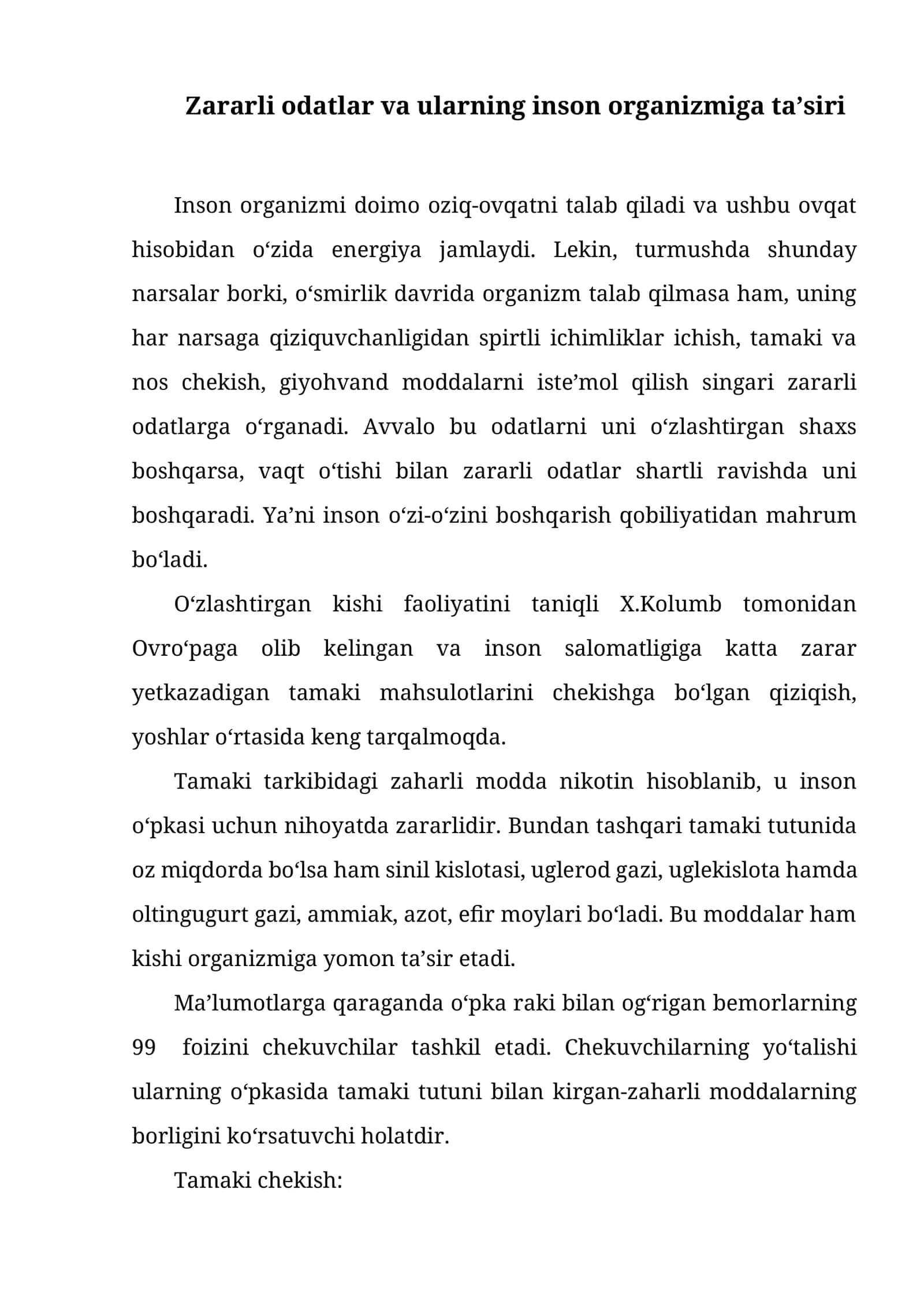 Zararli odatlar va ularning inson organizmiga ta’siri