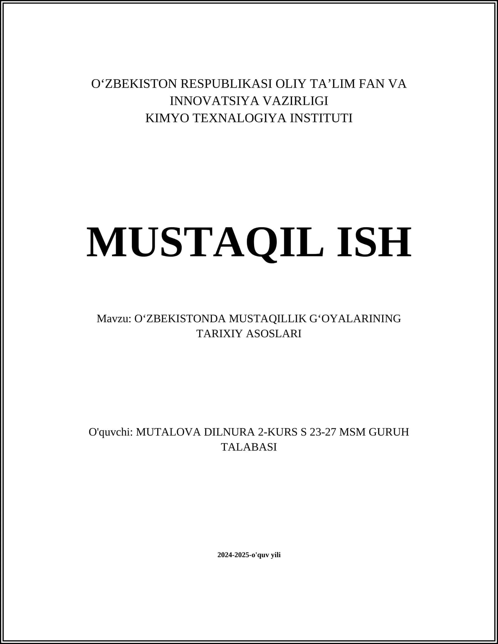 O‘ZBEKISTON RESPUBLIKASI OLIY TA’LIM FAN VA INNOVATSIYA VAZIRLIGI KIMYO TEXNALOGIYA INSTITUTI