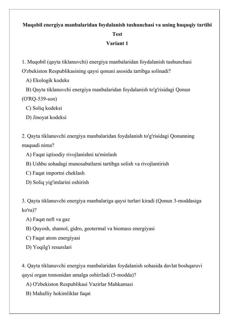 Qayta tiklanuvchi energiya manbalaridan foydalanish tushunchasi va uning huquqiy tartibi