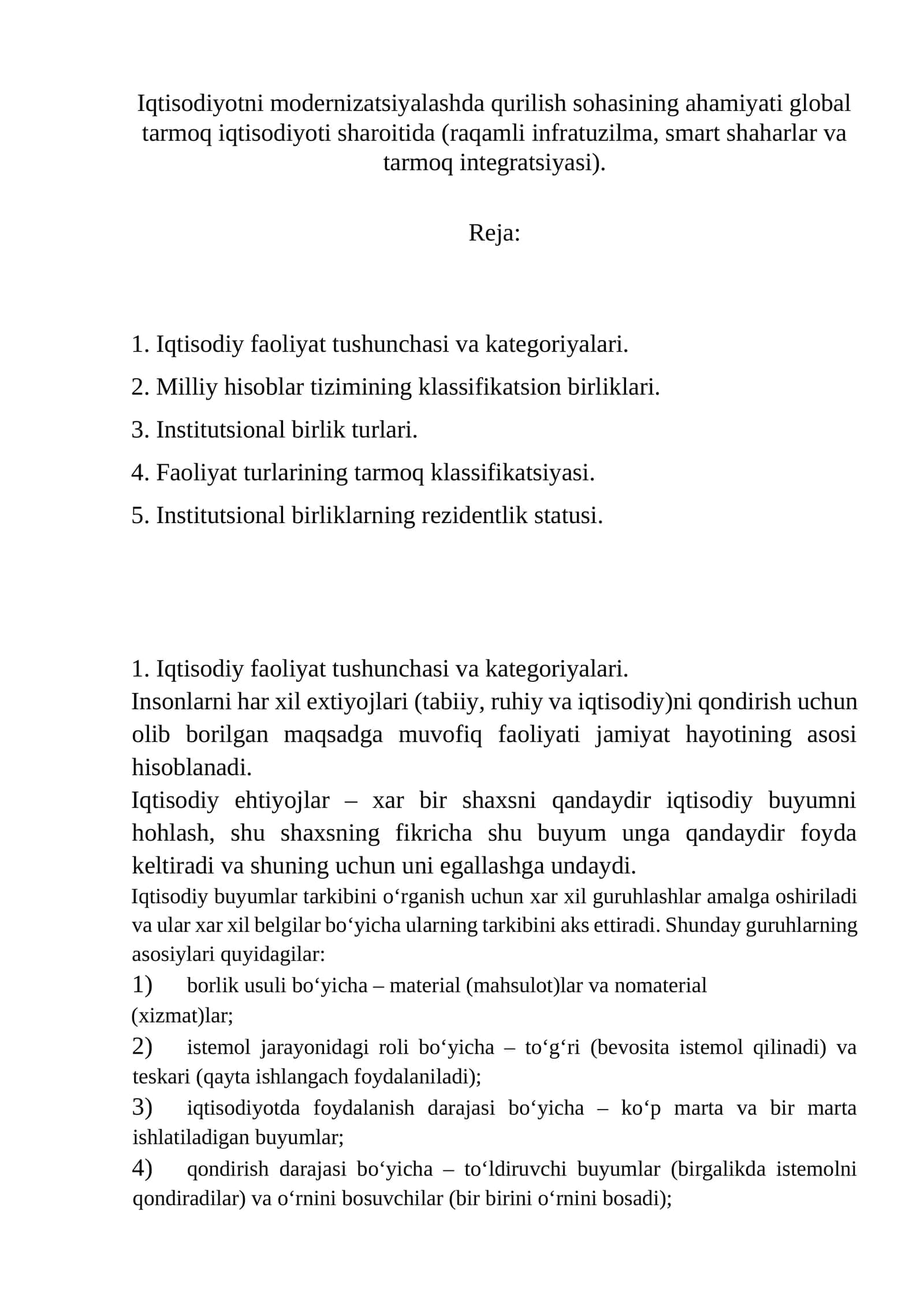 Iqtisodiy faoliyat tushunchasi va kategoriyalari