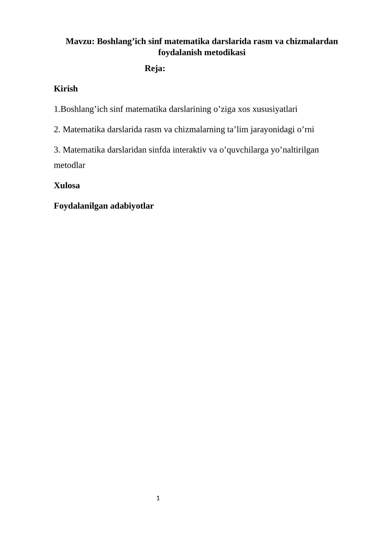 Boshlang’ich sinf matematika darslarida rasm va chizmalardan foydalanish metodikasi. Kurs ishi
