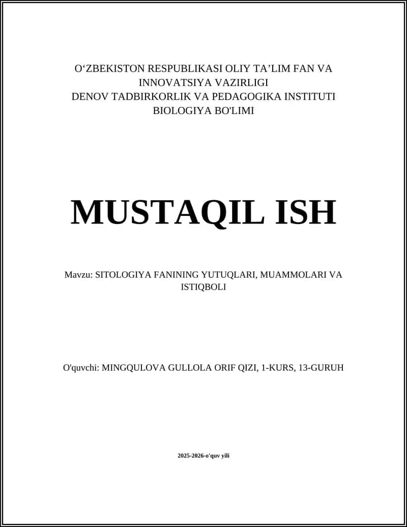 SITOLOGIYA FANINING YUTUQLARI, MUAMMOLARI VA ISTIQBOLI