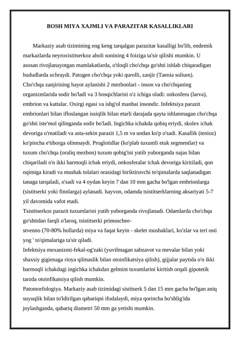BOSH MIYA XAJMLI VA PARAZITAR KASALLIKLARI