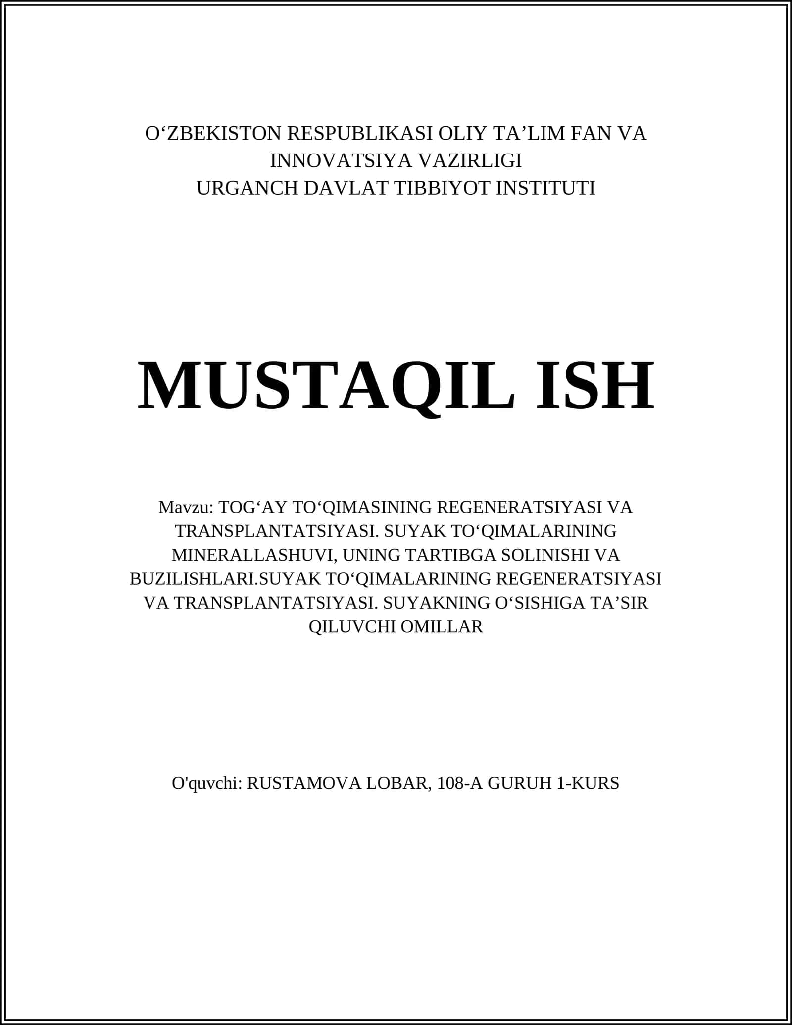 TOG'AY TO'QIMASINING REGENERATSIYASI VA TRANSPLANTATSIYASI