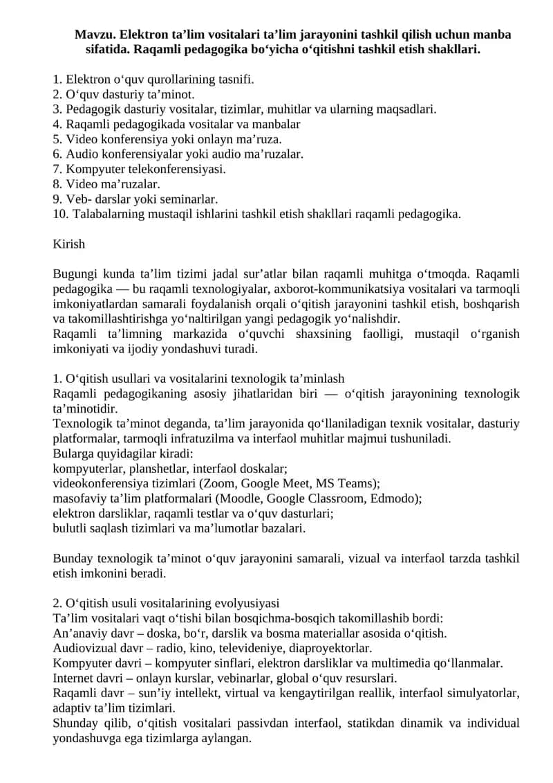 Elektron ta’lim vositalari ta’lim jarayonini tashkil qilish uchun