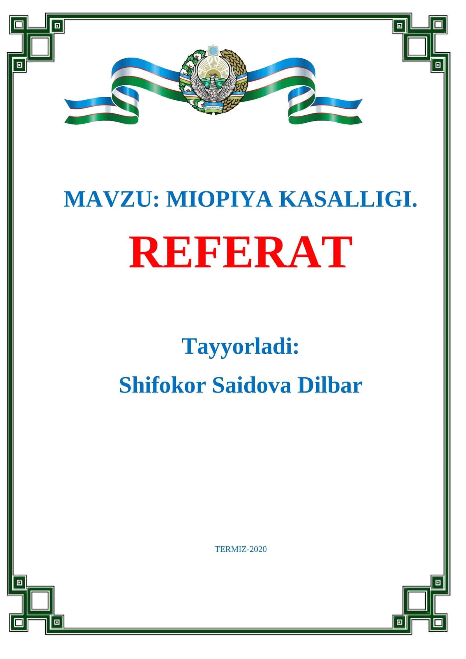 MIOPIYA KASALLIGI. REFERAT