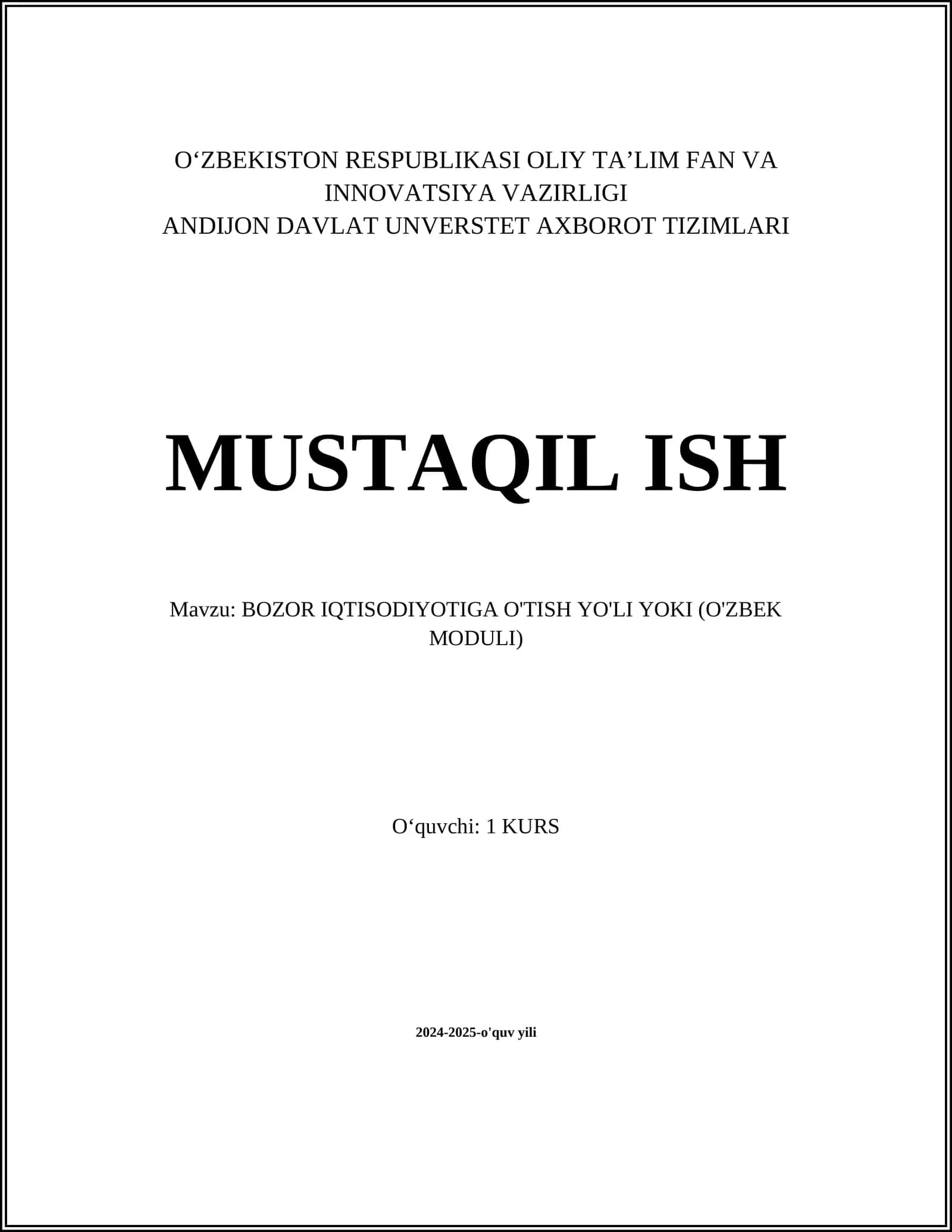 BOZOR IQTISODIYOTIGA O'TISH YO'LI YOKI (O'ZBEK MODULI)