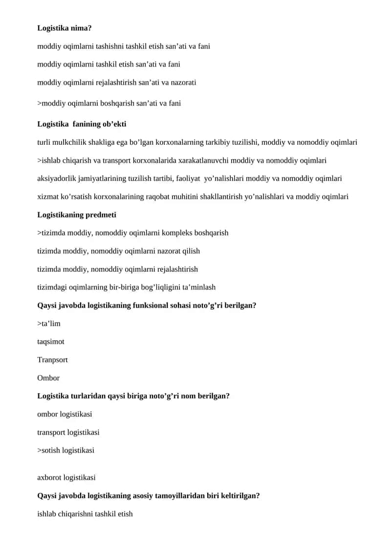 Logistika fanidan yakuniy nazorat uchun test javoblari va savollari